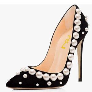 FSJ Black-suede Pearls Pointed Toe Pumps High Heel Sexy Slip On Office Shoes